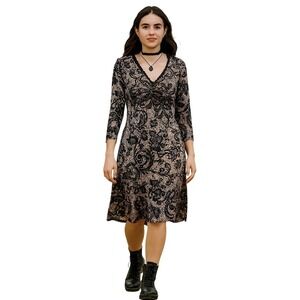 Whimsigoth Fairy Goth Lace Trim Dress Black Cream Print Size 10 London Times